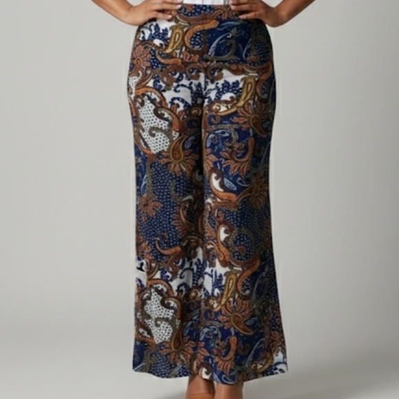 WinWin Pants - WinWin Paisley Flare Palazzo Pants in Blue and Brown Size L-XL Boho-Chic